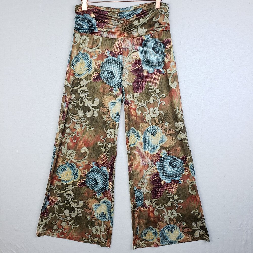 Isle Apparel Wide Leg Pants Floral Trousers Scrunch Waist Yoga Resort Boho XS